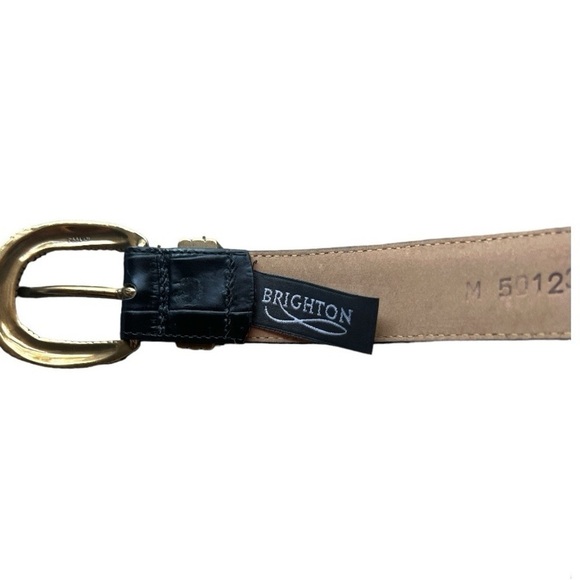 Vintage Brighton Black Crocodile Grain Leather Belt Gold Tone Buckle Sz 34 - Picture 2 of 7